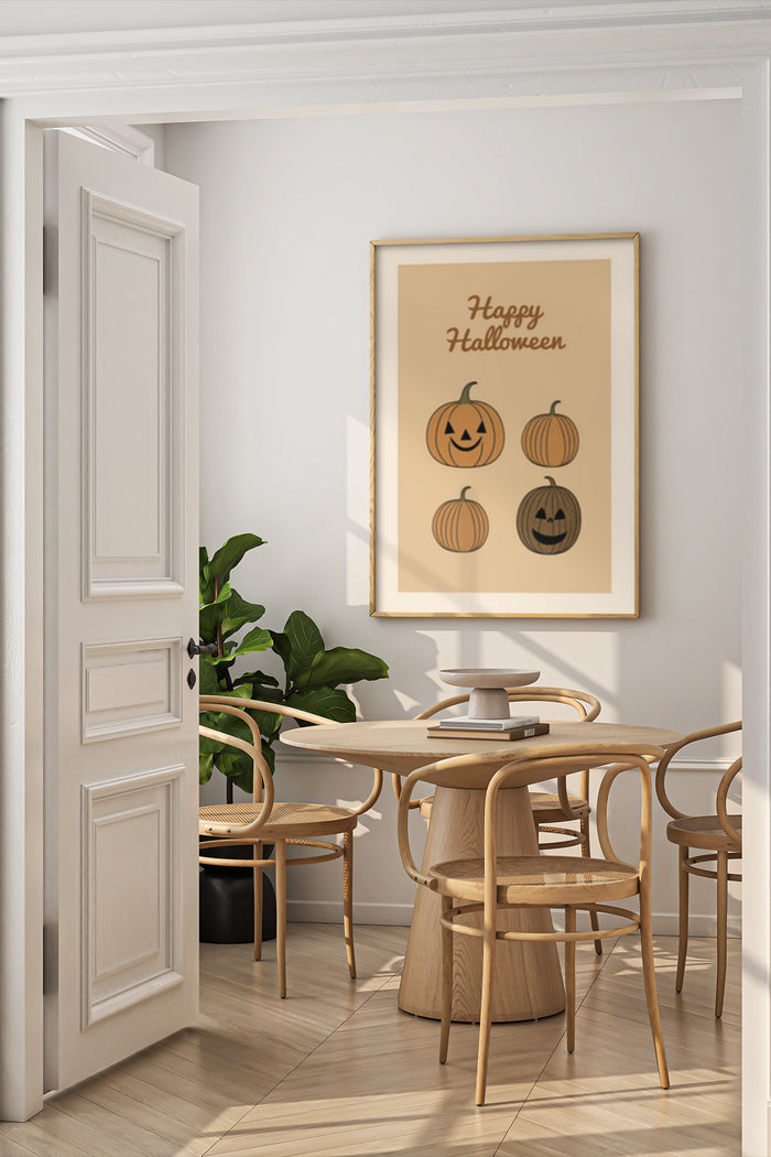 Happy Halloween poster with stylized pumpkins in a modern dining room interior