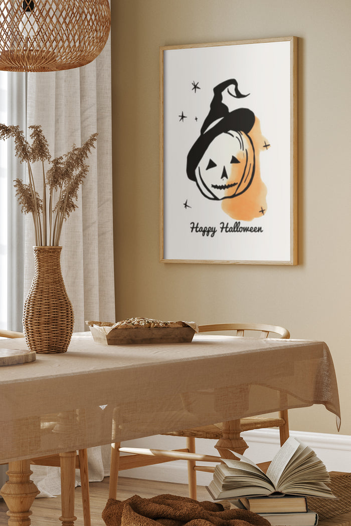 Happy Halloween poster with jack-o'-lantern and witch hat in a stylish dining room