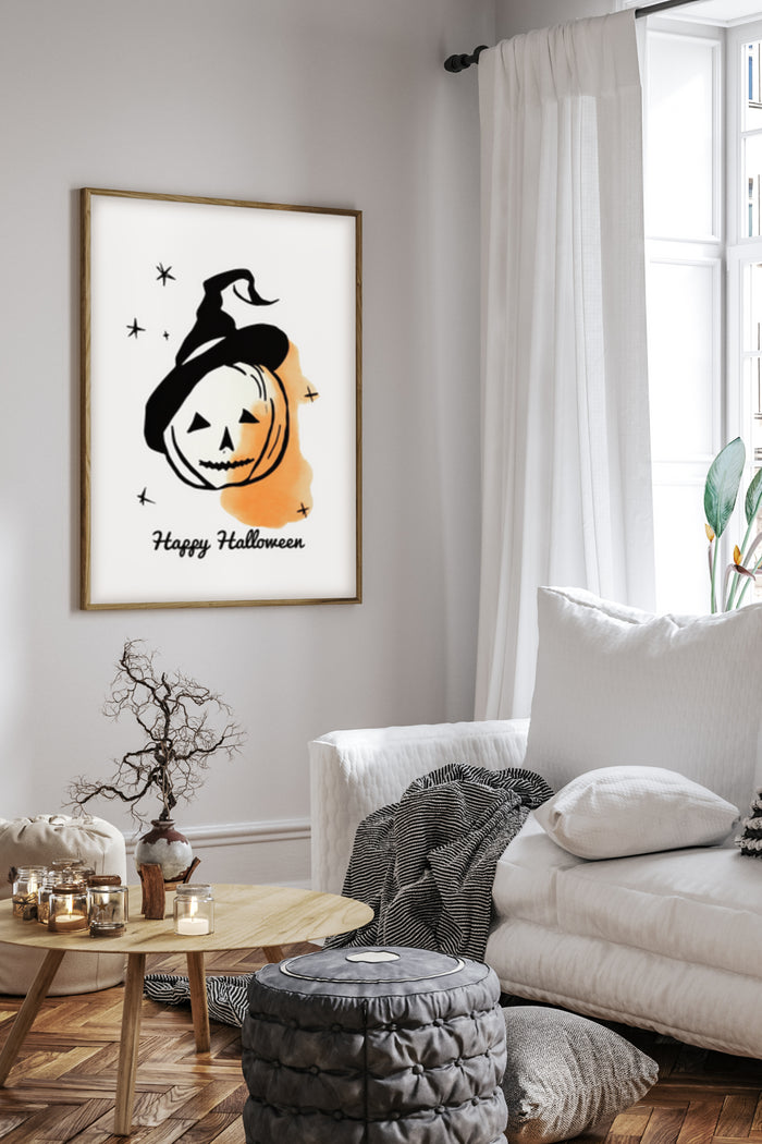 Happy Halloween Pumpkin with Witch Hat Poster in Cozy Room Decor