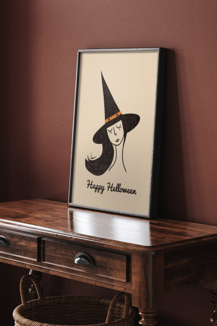Happy Halloween poster with witch hat design in a frame on wooden table