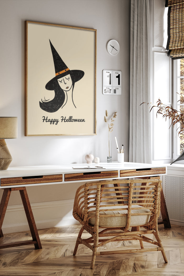 Happy Halloween poster with witch illustration in a modern home decor setting