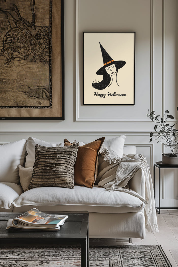 Elegant living room featuring a 'Happy Halloween' poster with a witch illustration