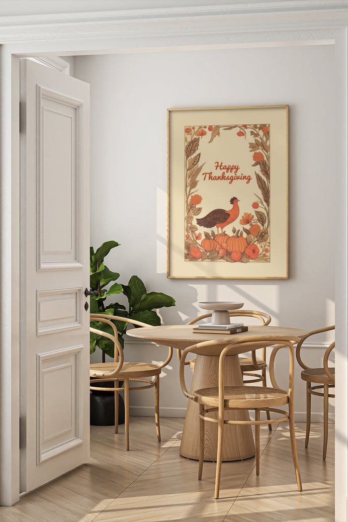 Vintage Happy Thanksgiving poster with turkey, pumpkins, and autumn leaves in home interior