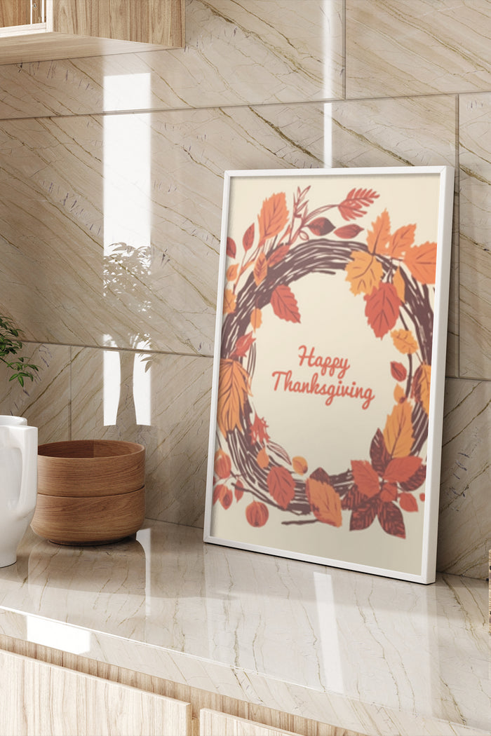 Happy Thanksgiving poster with autumn leaves wreath decoration in a stylish room