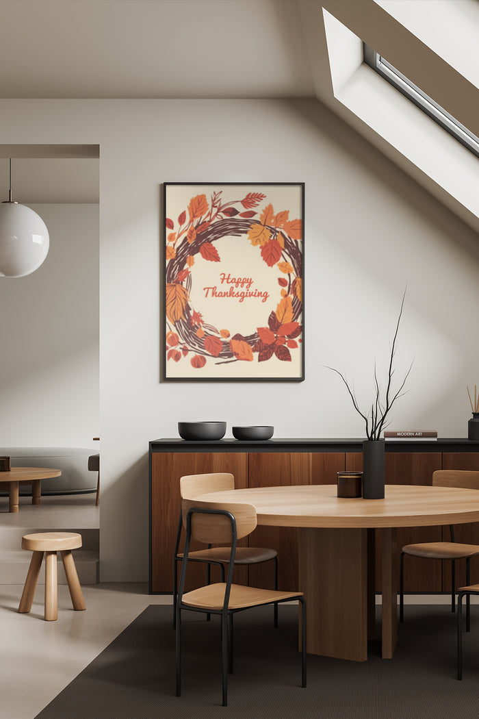 Happy Thanksgiving poster with a wreath of autumn leaves in a modern dining room
