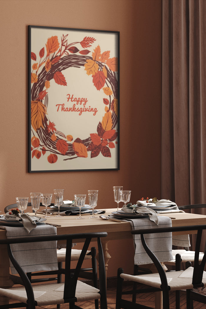 Happy Thanksgiving poster with autumn leaves wreath on dining room wall