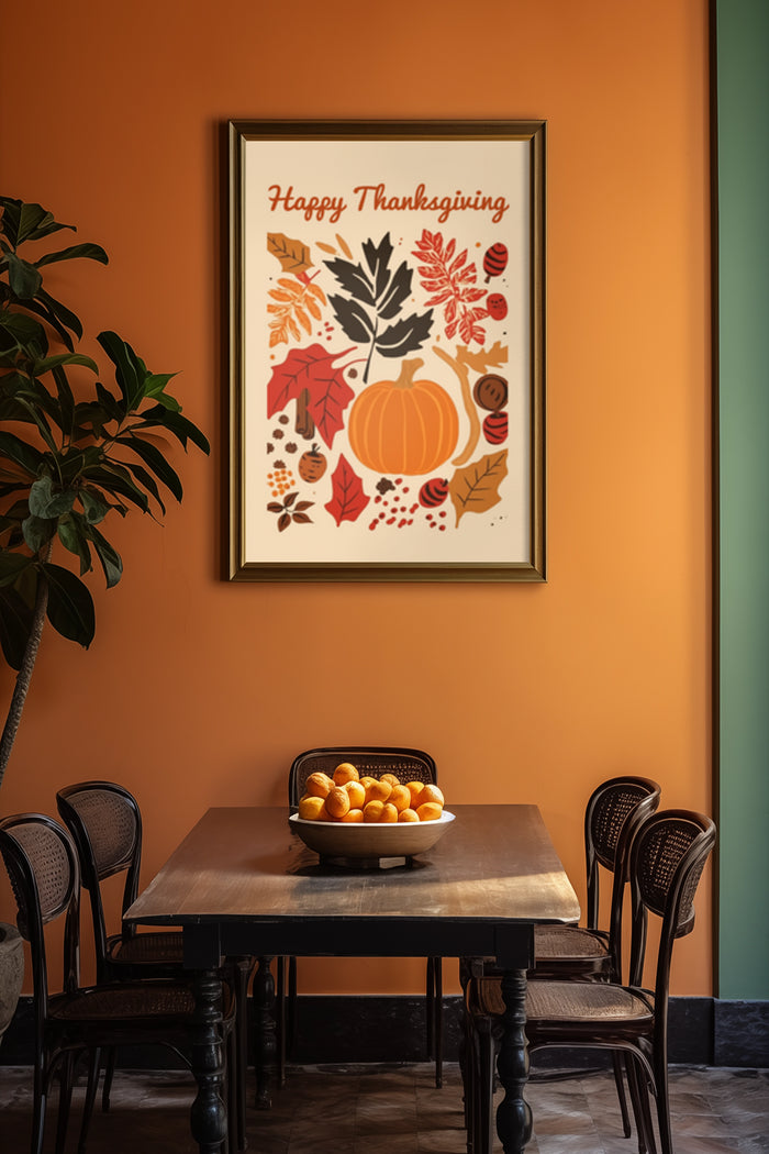 Happy Thanksgiving poster with autumn leaves and pumpkin illustration in a cozy dining room setting