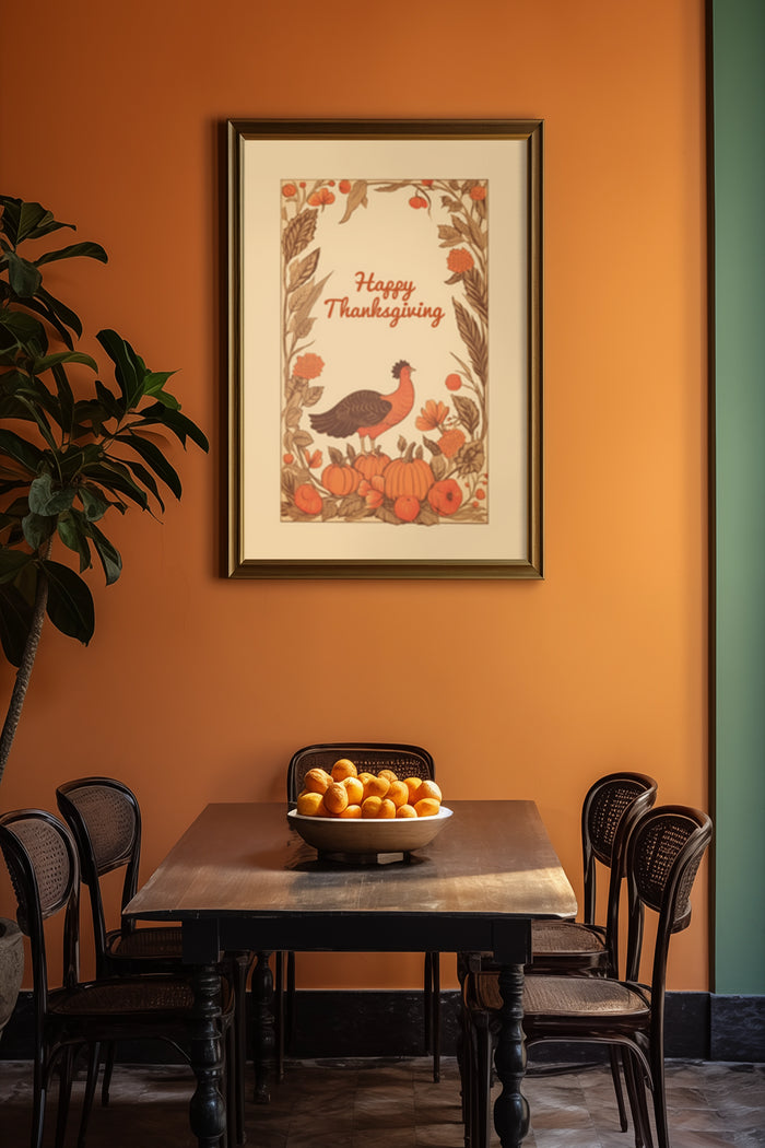 Happy Thanksgiving poster with turkey and pumpkins in a modern dining room setting