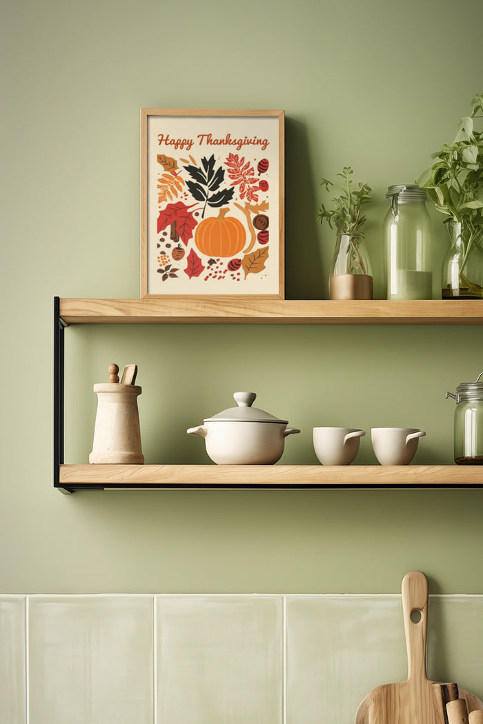 Happy Thanksgiving poster with autumn leaves and pumpkin design on kitchen shelf