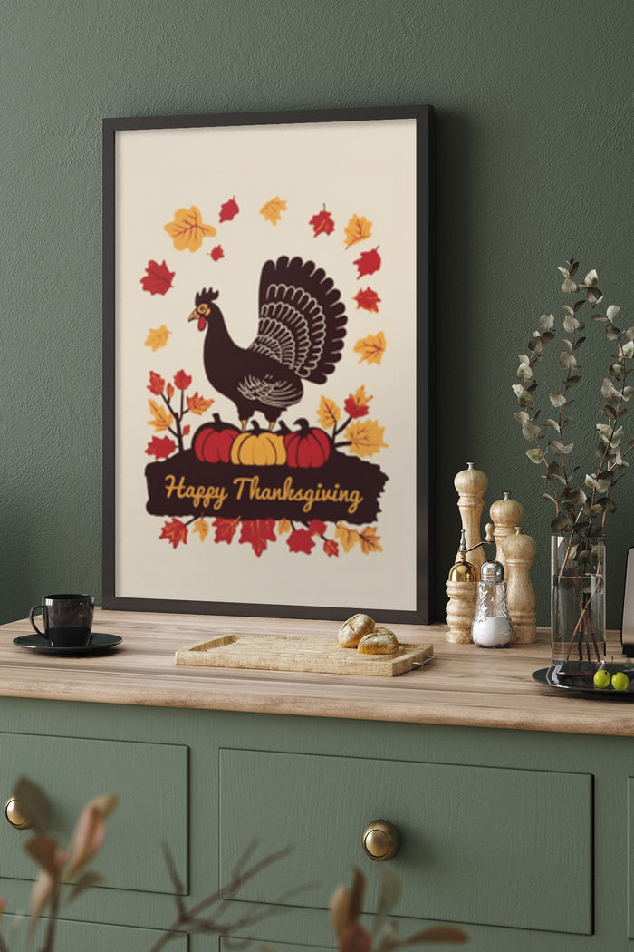 Happy Thanksgiving poster with illustrated turkey and colorful autumn leaves in a home setting