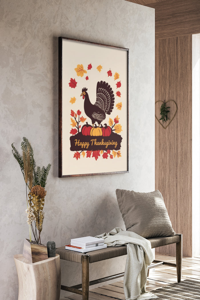 Happy Thanksgiving poster with turkey and colorful autumn leaves in home decor setting