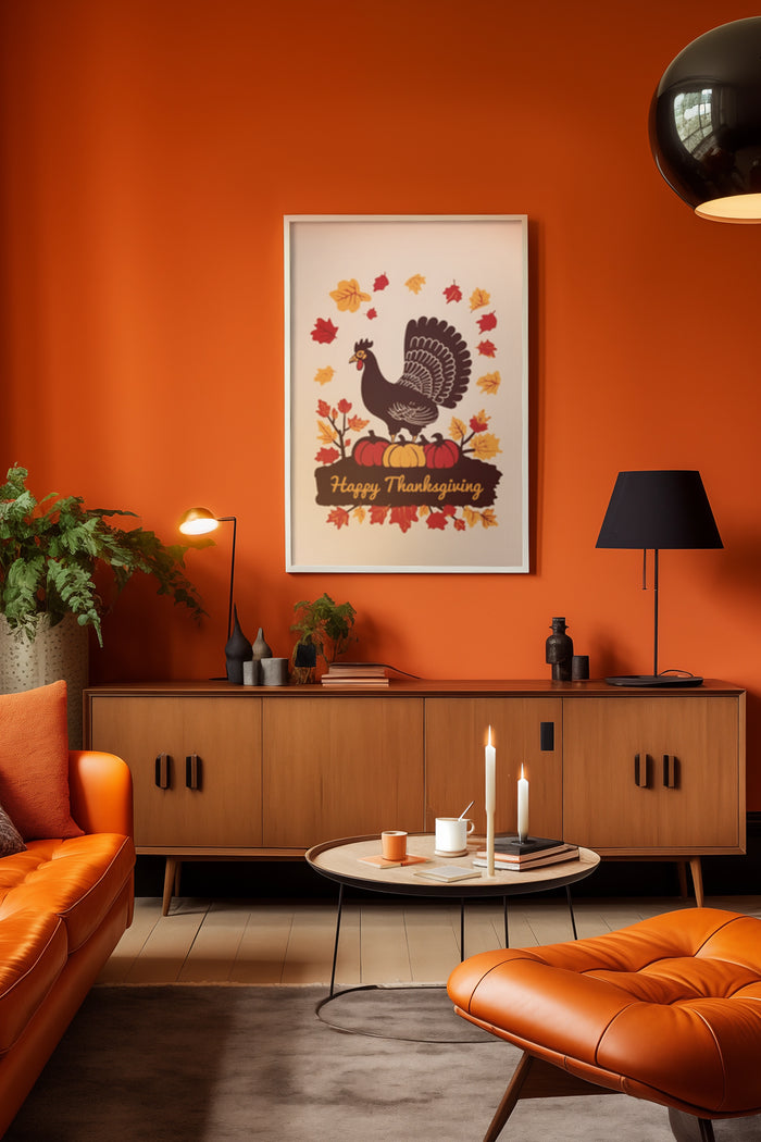 Happy Thanksgiving poster with turkey and autumn leaves in a cozy home interior