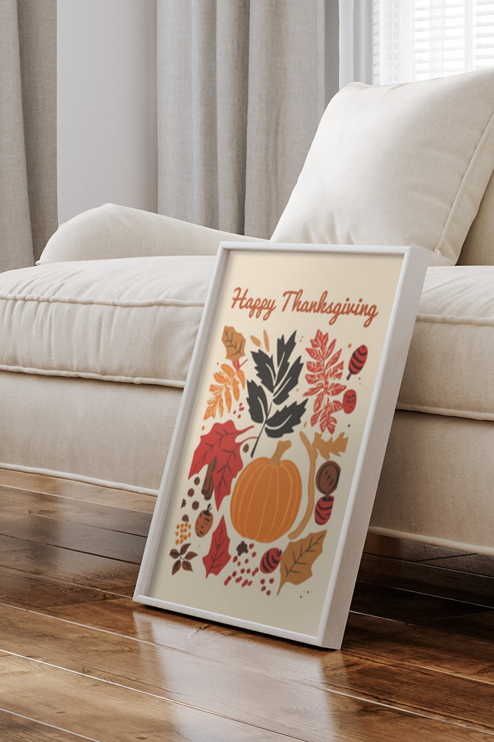 Happy Thanksgiving poster featuring a pumpkin amongst colorful autumn leaves and seasonal decorations