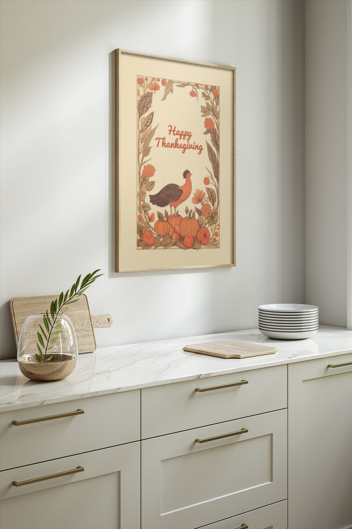 Happy Thanksgiving poster featuring a turkey and pumpkins in a modern kitchen setting