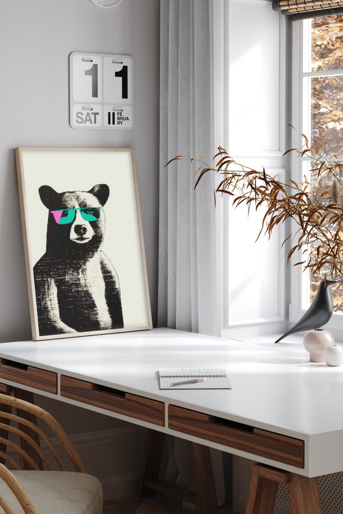 Black and white bear poster with colorful sunglasses in stylish interior design