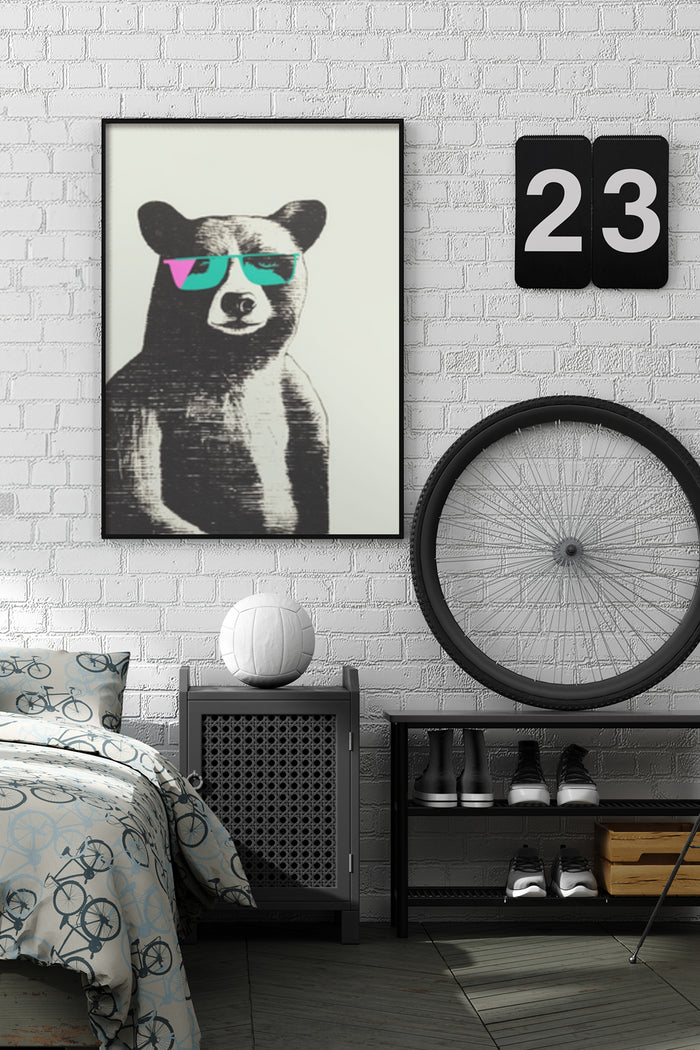 Modern hipster bear poster with vibrant sunglasses hanging on a white brick wall in a stylish bedroom interior