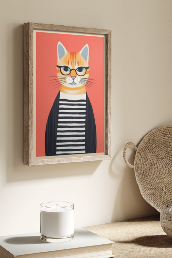 Hipster Cat with Glasses and Striped Shirt Art Poster Displayed on Wall