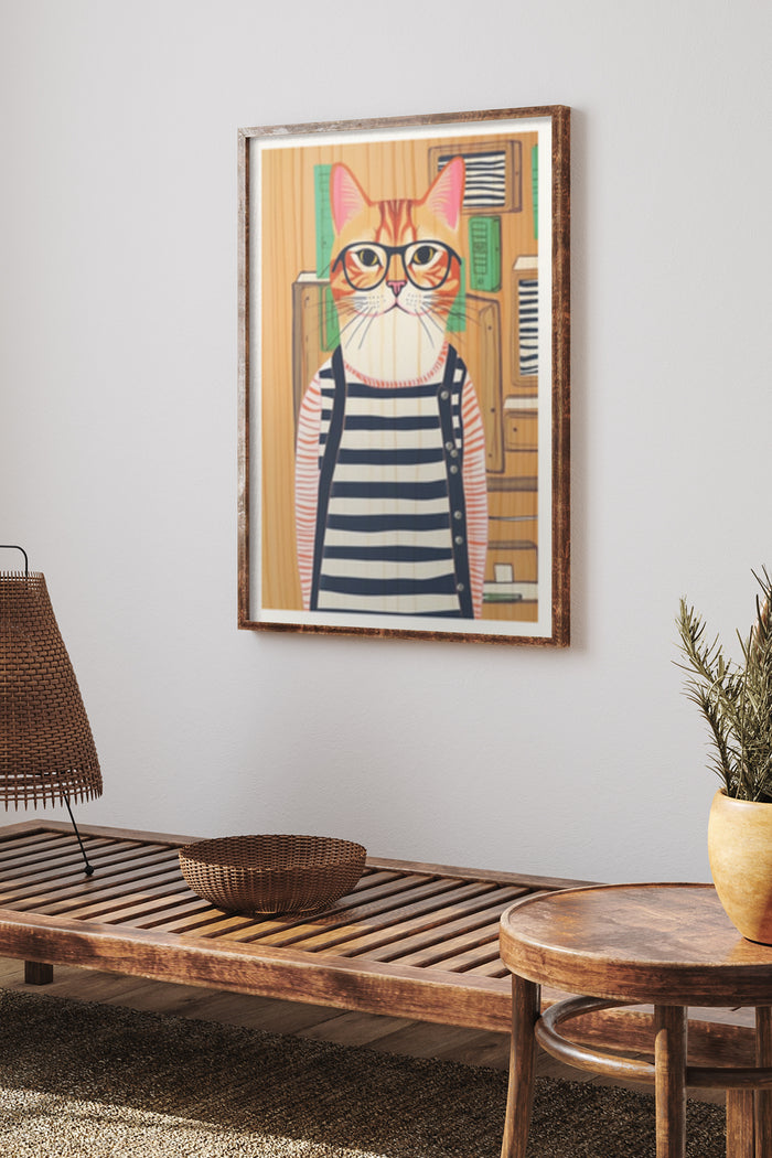 Illustration of a hipster cat with glasses and striped outfit, framed art poster on a living room wall