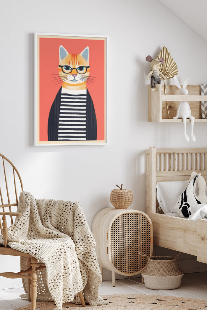 Hipster Cat Art Poster with Glasses and Striped Shirt displayed in Stylish Home Decor