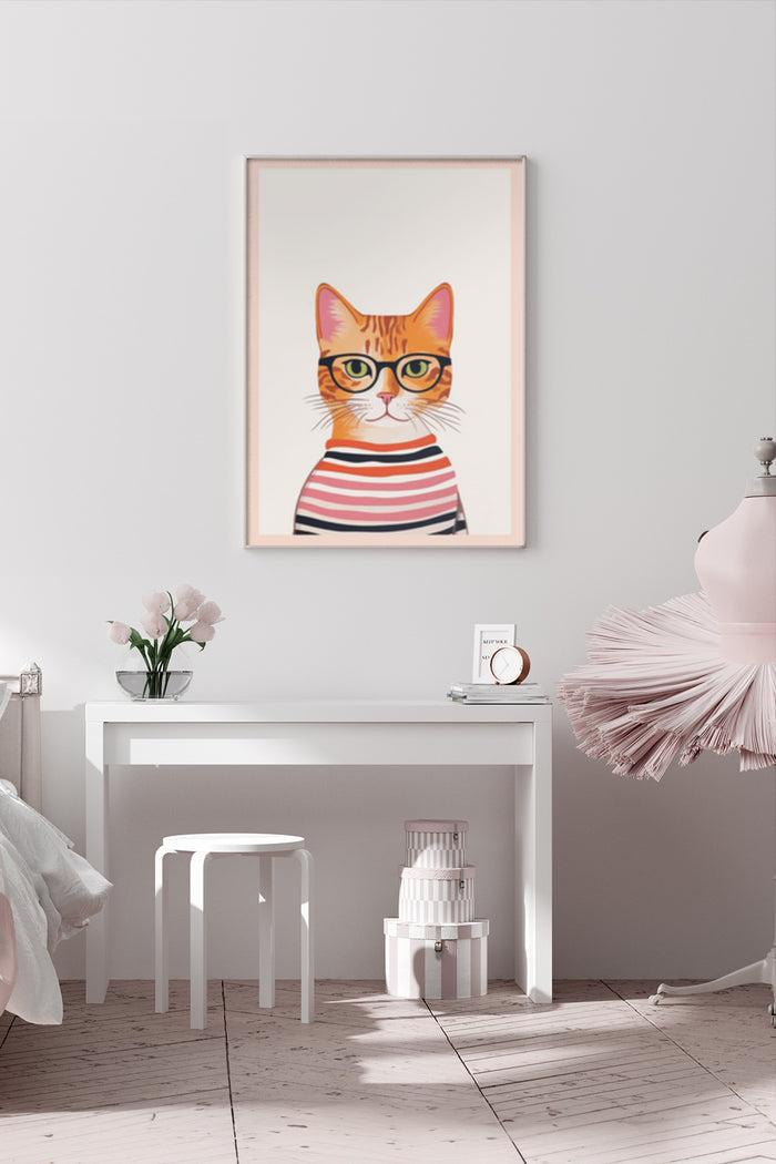 Hipster cat with glasses and striped shirt artwork poster in modern interior