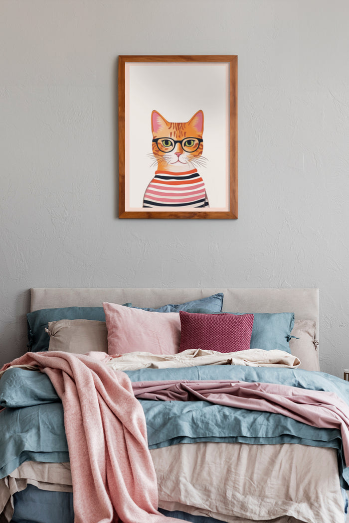 Hipster cat with glasses and striped shirt poster framed in a cozy bedroom interior