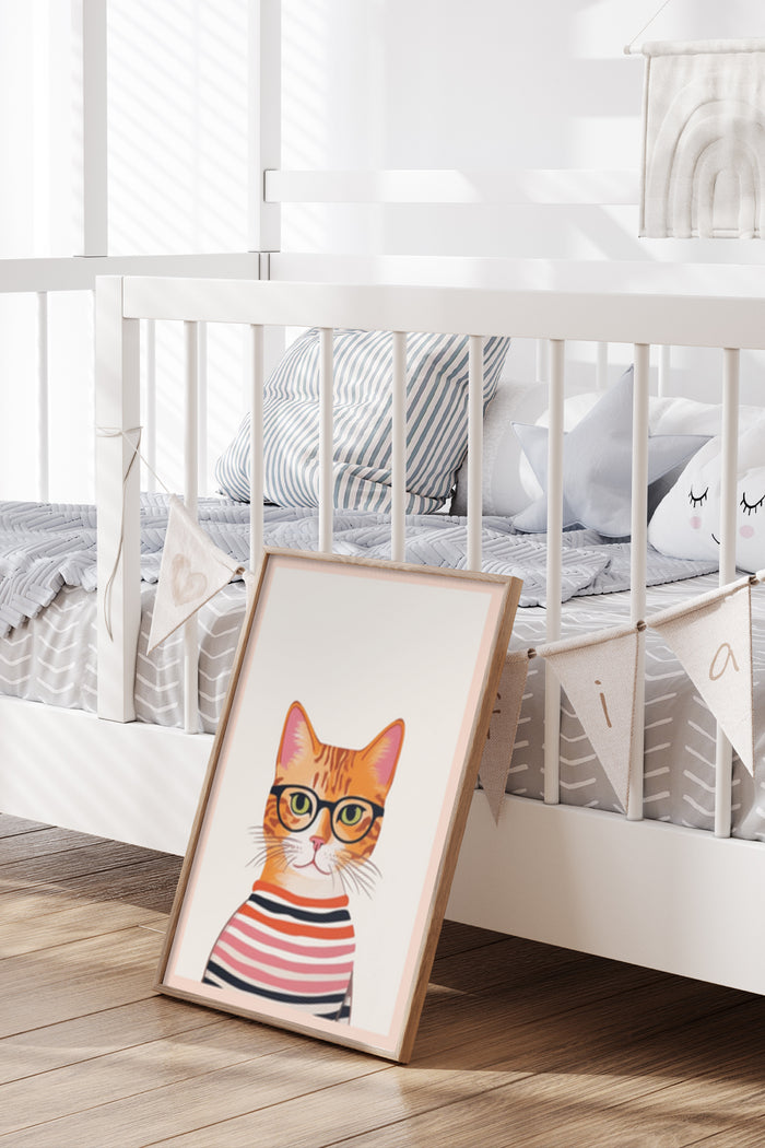 Hipster cat with glasses and striped shirt poster leaning against a white bed in a contemporary bedroom setting