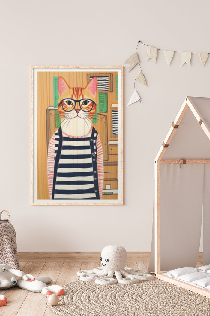 Hipster Cat Poster with Glasses Hanging in a Contemporary Kids Room