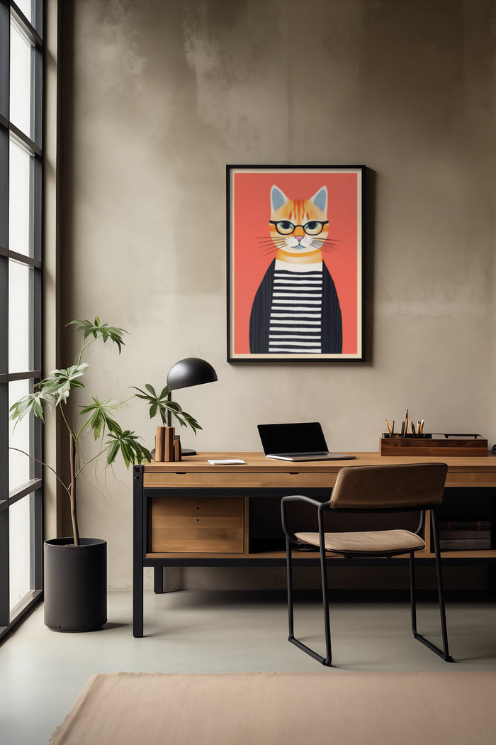 Stylish hipster cat wearing glasses and striped shirt poster in a contemporary office setting
