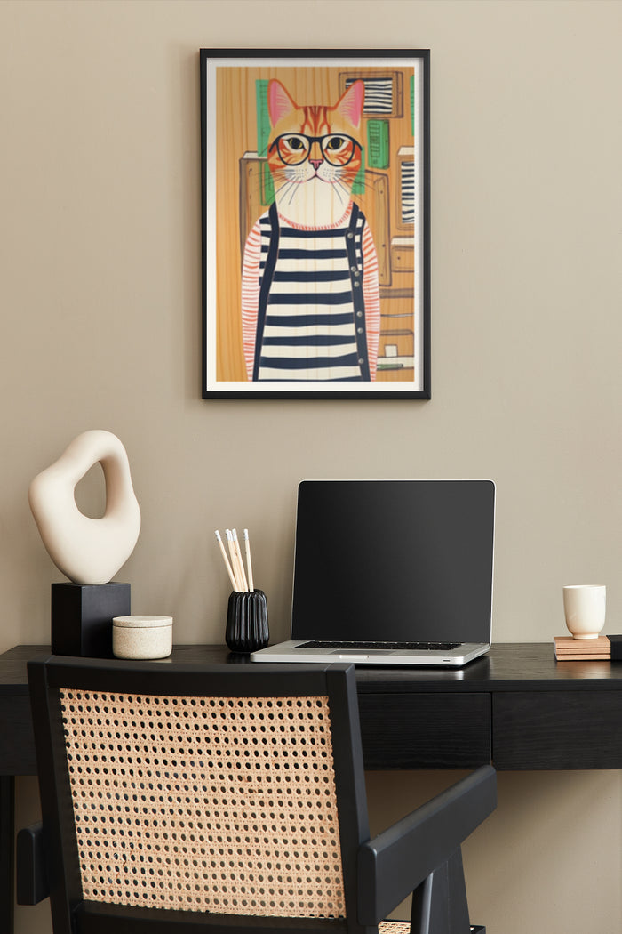 Hipster cat with glasses and striped shirt art poster in a modern workspace