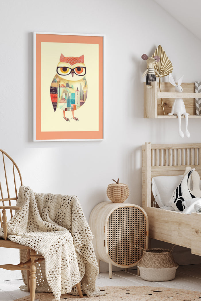 Hipster Owl with Glasses Poster Art Displayed in a Contemporary Room Decor