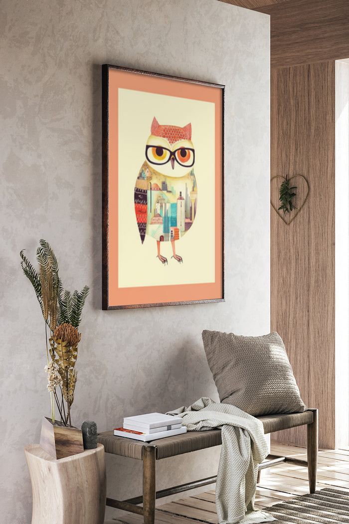 Stylish Hipster Owl with Glasses and Cityscape Illustration Art Poster in Home Decor