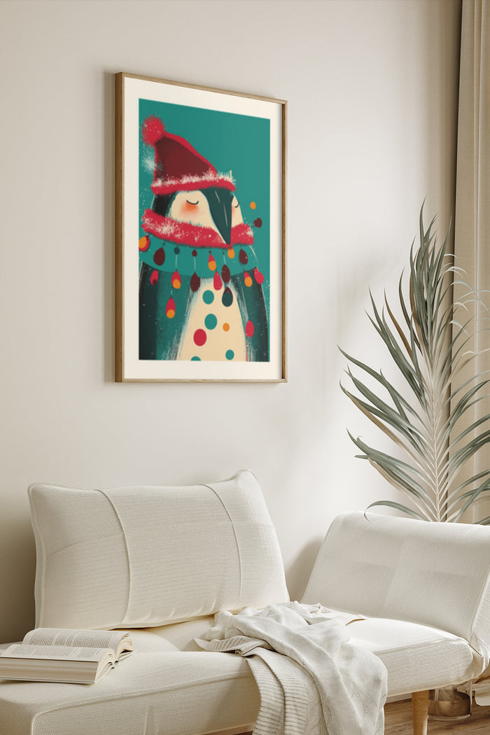 Christmas penguin with Santa hat and string lights illustration poster in living room