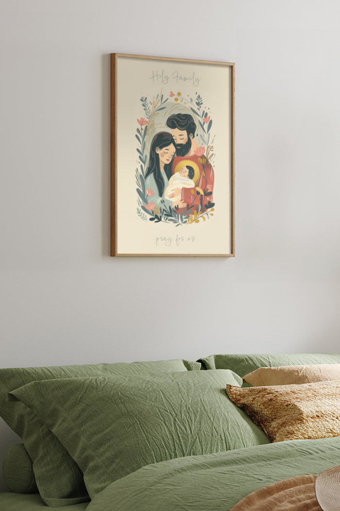 Holy Family illustration artwork with botanical elements titled 'Holy Family', the wording 'pray for us' at the bottom in a home decor setting