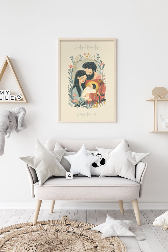 Illustrated Holy Family poster framed on wall featuring Mary, Joseph, and baby Jesus surrounded by floral motif
