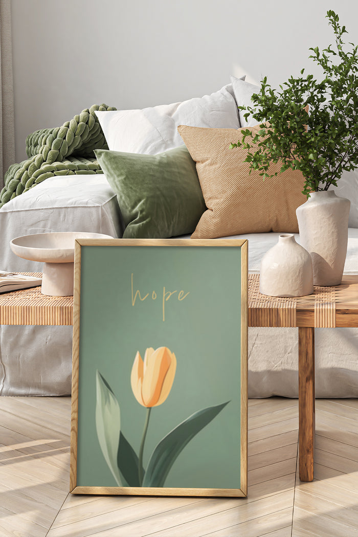 Inspirational 'hope' poster with a tulip illustration in a modern bedroom setting