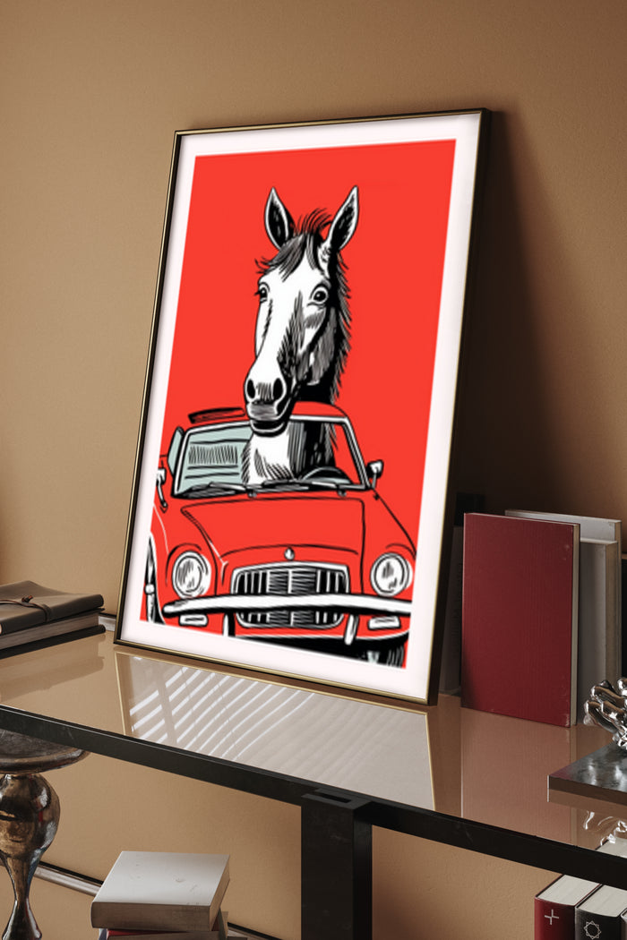 Illustration of a horse head popping out of a classic car on a red background poster
