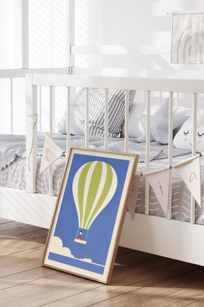Green and yellow hot air balloon poster in a wooden frame for children's room decoration