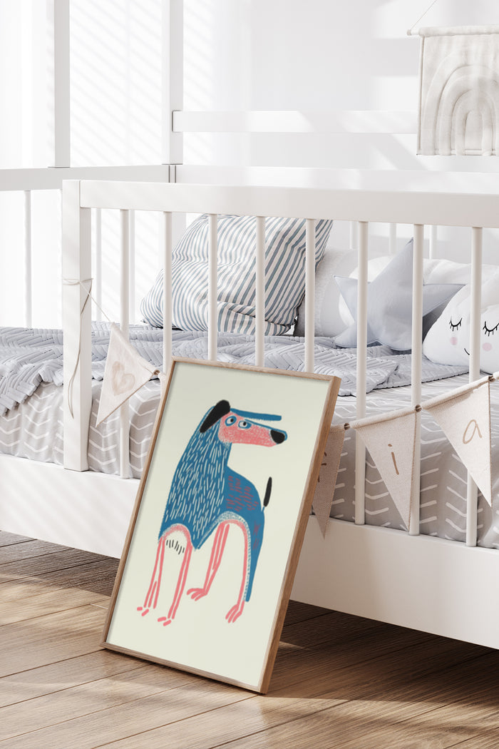 Whimsical illustrated poster of a blue dog in a modern nursery room setting