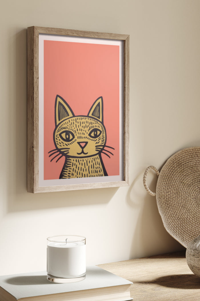 Stylized illustration of a cat in a wooden frame against a coral background, hung on a beige wall above a candle and a book, adding to modern home adornment
