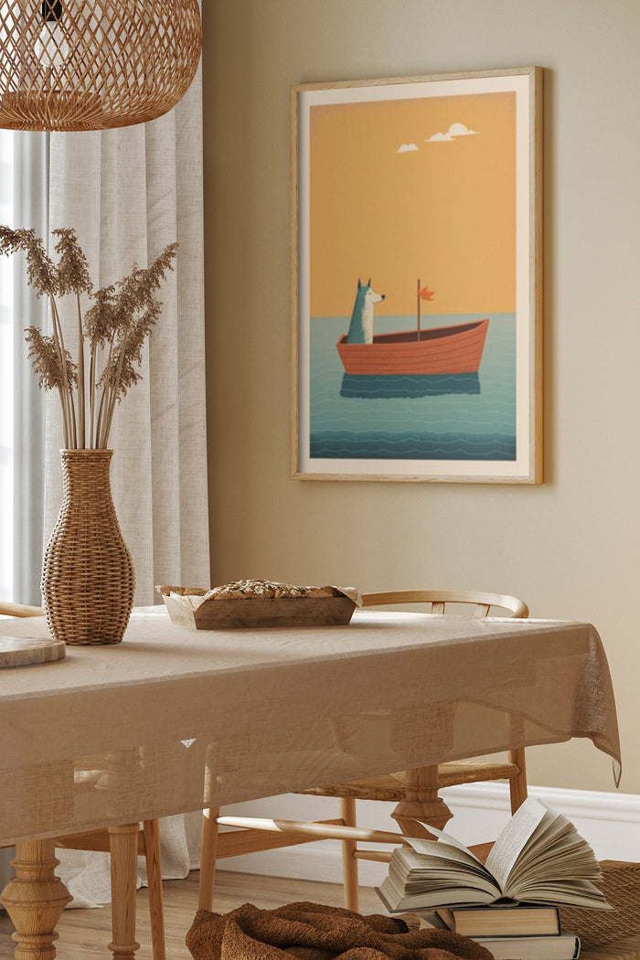 Wall art featuring illustrated poster of a llama on a boat against an orange sky