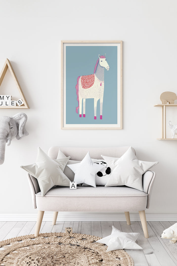 Whimsical illustrated llama poster in stylish interior setting