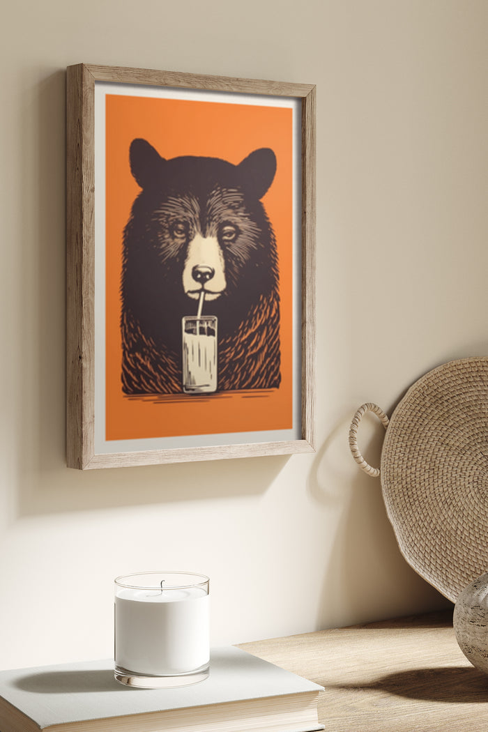 Artistic illustration of a bear with a straw drinking milk framed poster in a modern interior setting