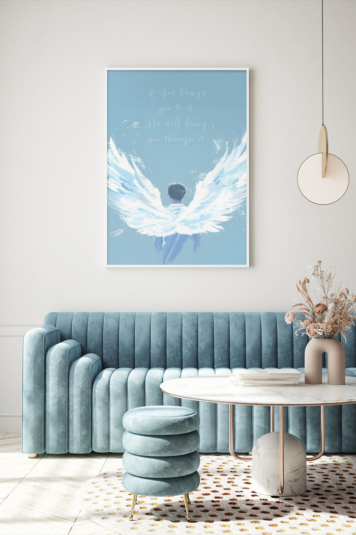 Blue inspirational poster featuring angel wings and a motivational quote 'If God brings you to it, He will bring you through it' on a wall