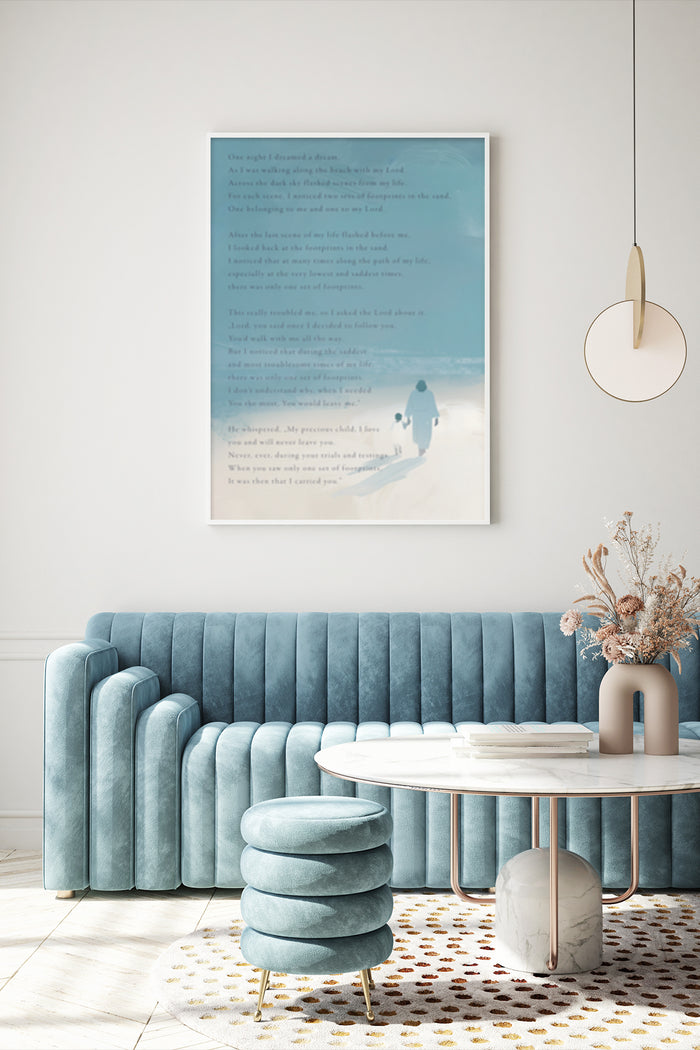 Inspirational poem poster about walking with the Lord on the beach, displayed in modern living room