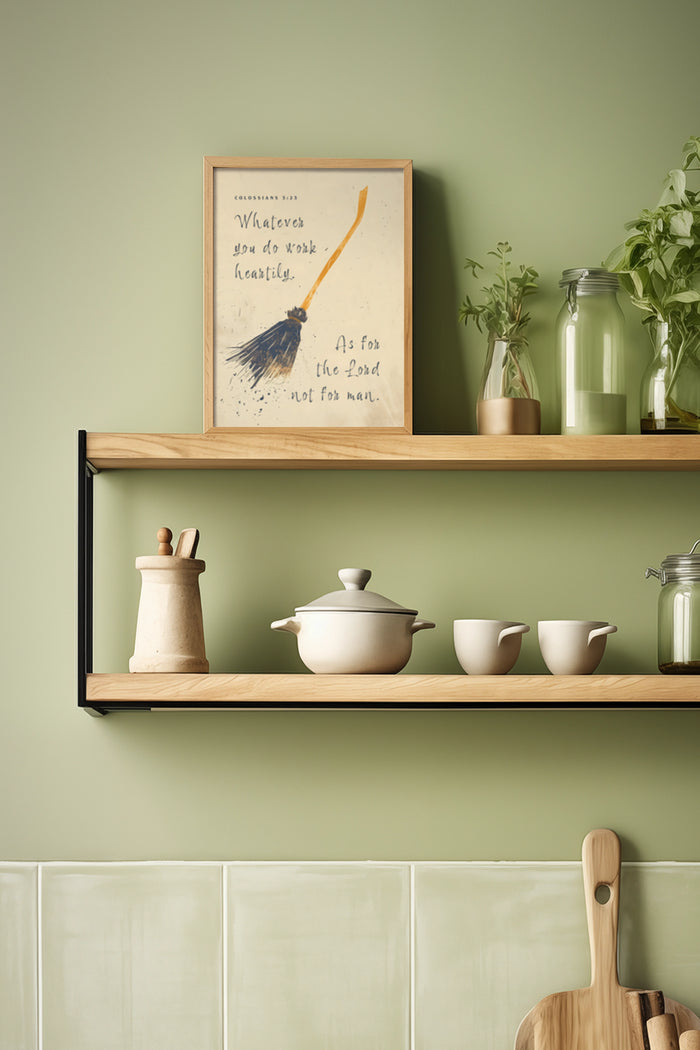 Inspirational Broom Poster with Colossians 3:23 Verse on Kitchen Shelf Surrounded by Greenery and Pottery