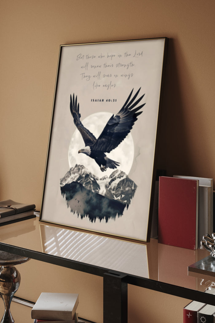 Inspirational poster with an eagle flying over mountains, text Isaiah 40:31, 'But those who hope in the Lord will renew their strength. They will soar on wings like eagles.'