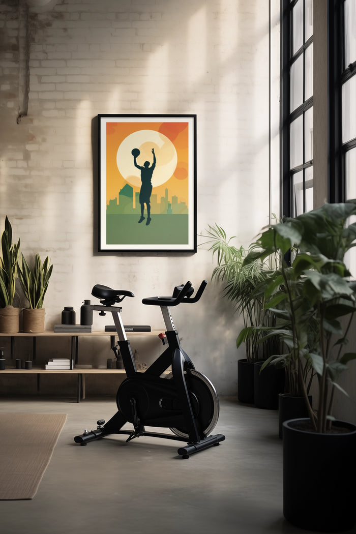 Motivational workout poster featuring silhouette of a woman lifting weights against a backdrop of the sun and city skyline in a stylish home gym with exercise bike and plants