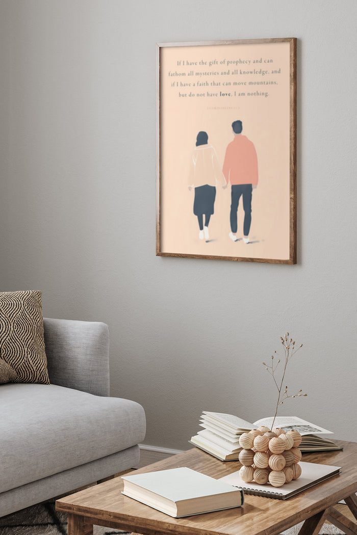 Minimalist couple silhouette poster with Inspirational Love Quote from Corinthians 13 in a modern interior setting