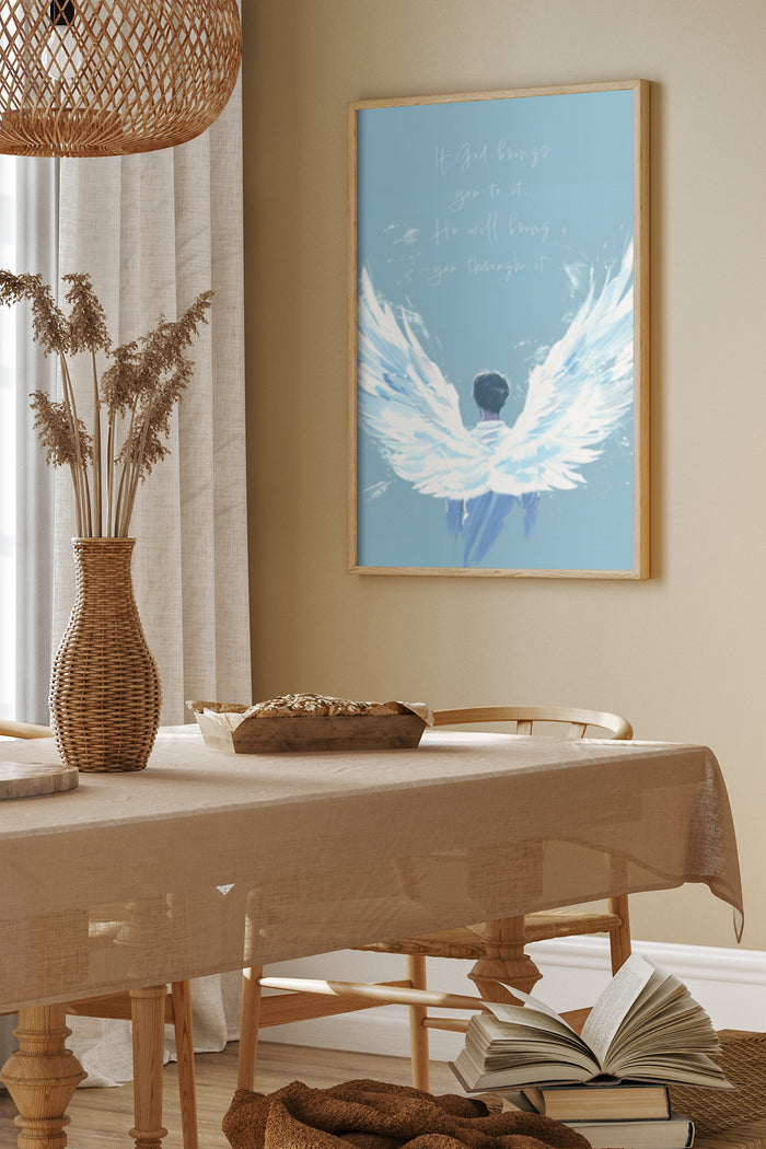 Inspirational quote poster with angel wings and text 'If God brings you to it, He will bring you through it' in a modern home interior