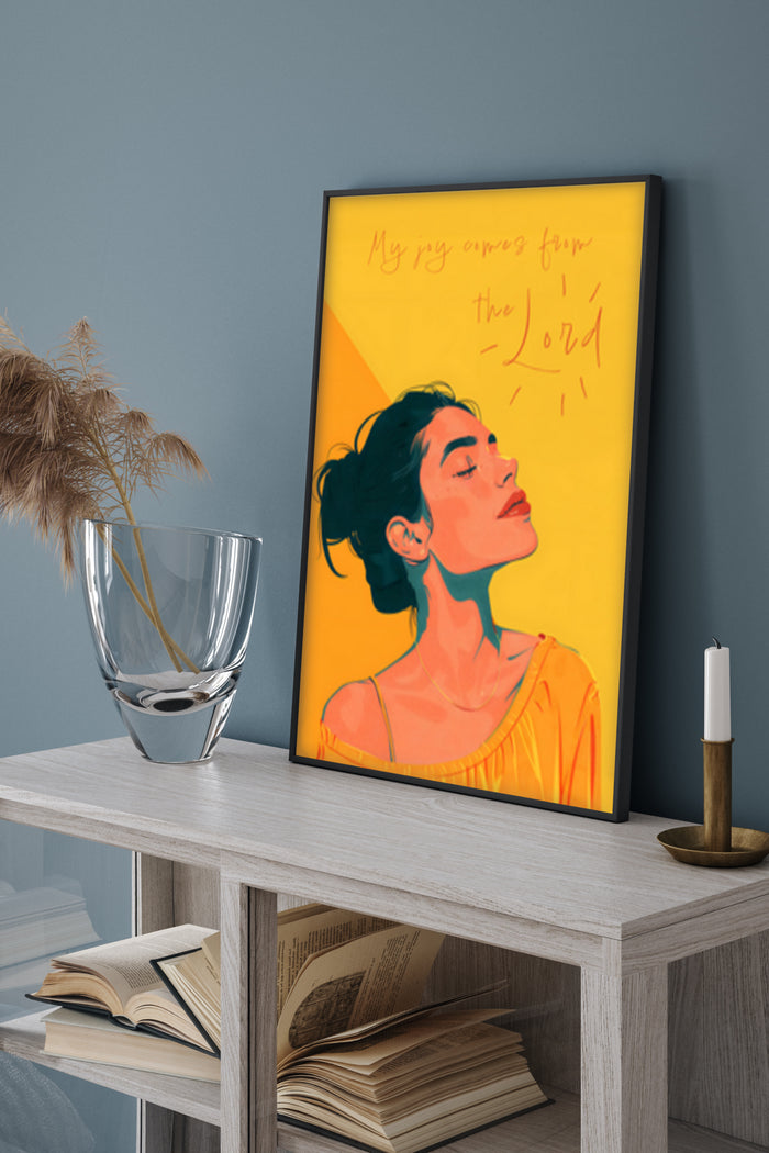 Contemporary religious inspirational poster with a woman and text 'My joy comes from the Lord' in modern home decor setting